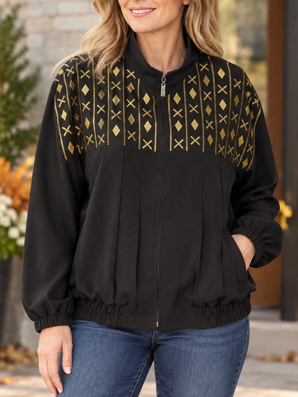 Vintage Jackets Galore Black Gold Geometric Bomber Jacket Size L/XL 80s 90s